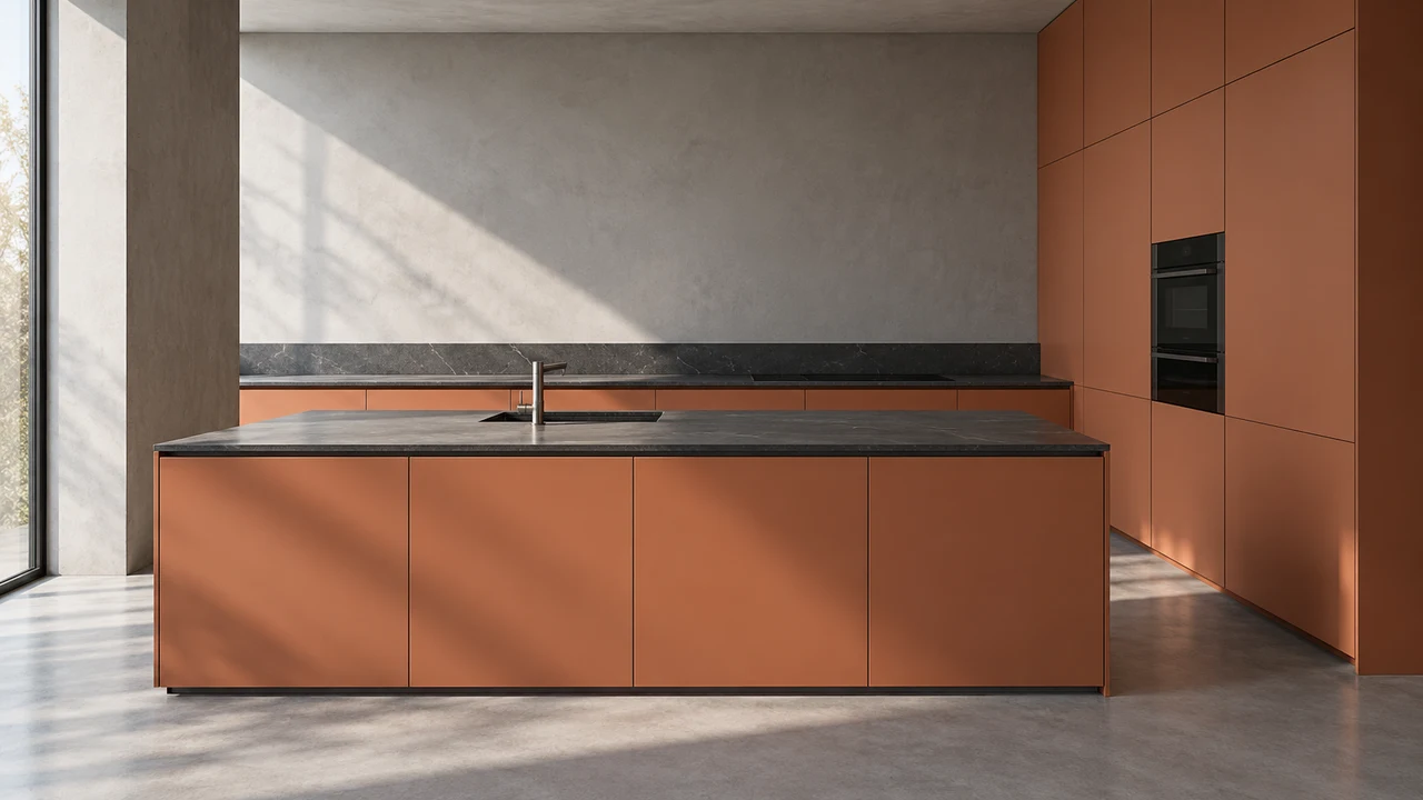 Render de cocina con frentes terracota